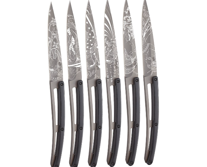 FACA CARNE DEEJO, CONJ. 6, JAPANESE, TITANIUM, MADEIRA ÉBANO